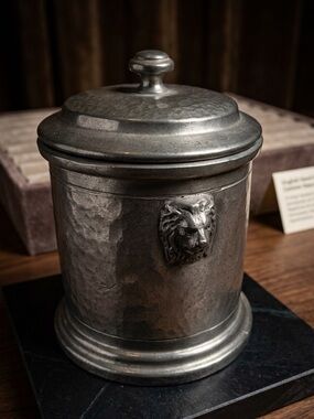 Vintage My Lady Hand Hammered Pewter Canister with Lion Motif